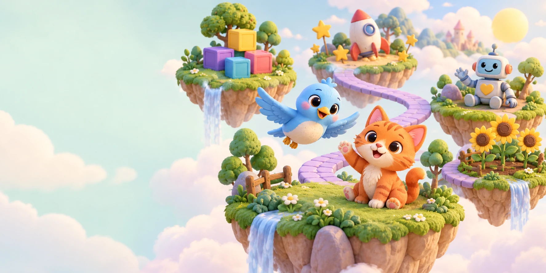 A bird and kitten explore a garden park with a rocket and friendly robot