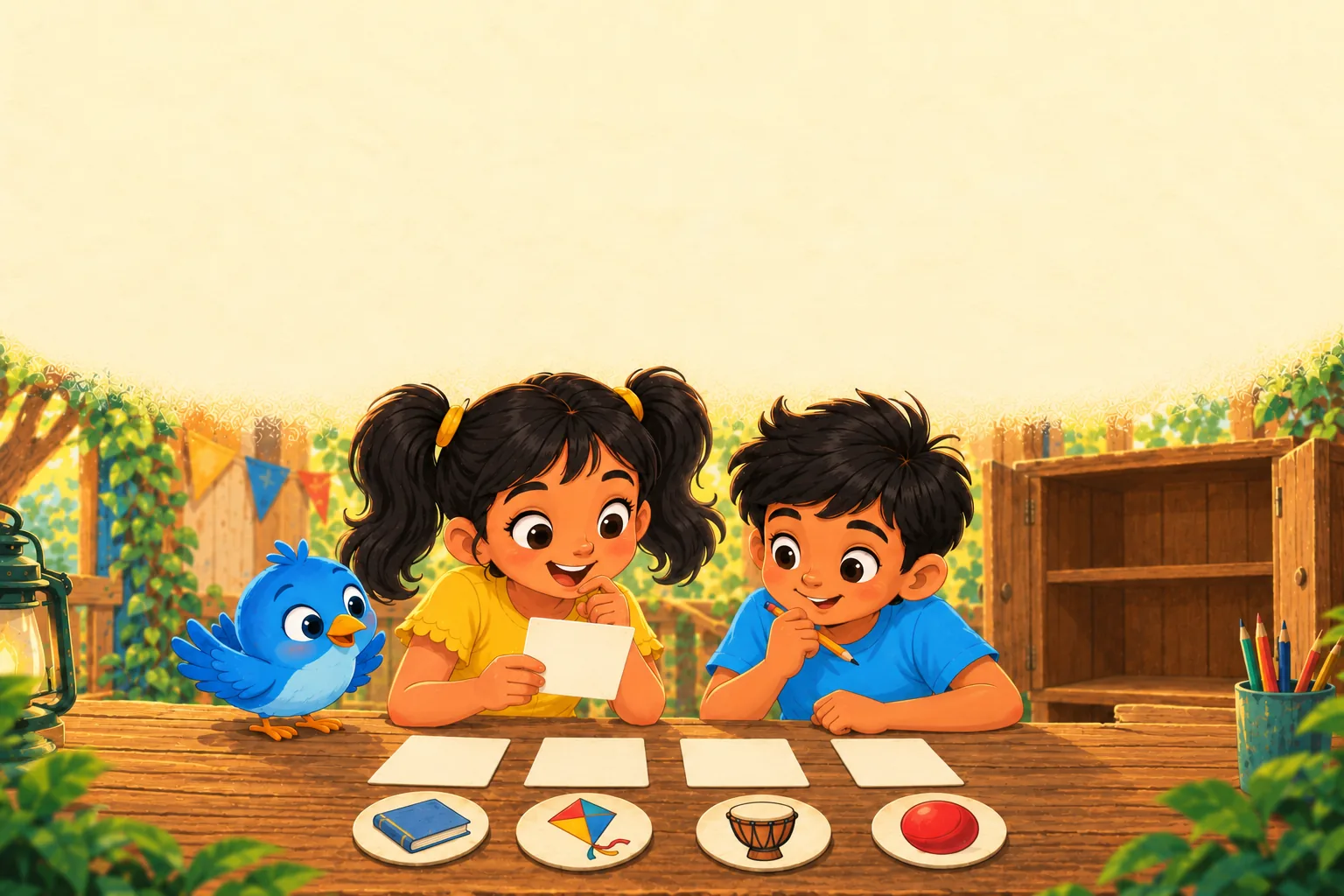 Tara reads the clue cards with Kabir while Pip tilts his head beside the four possible objects.