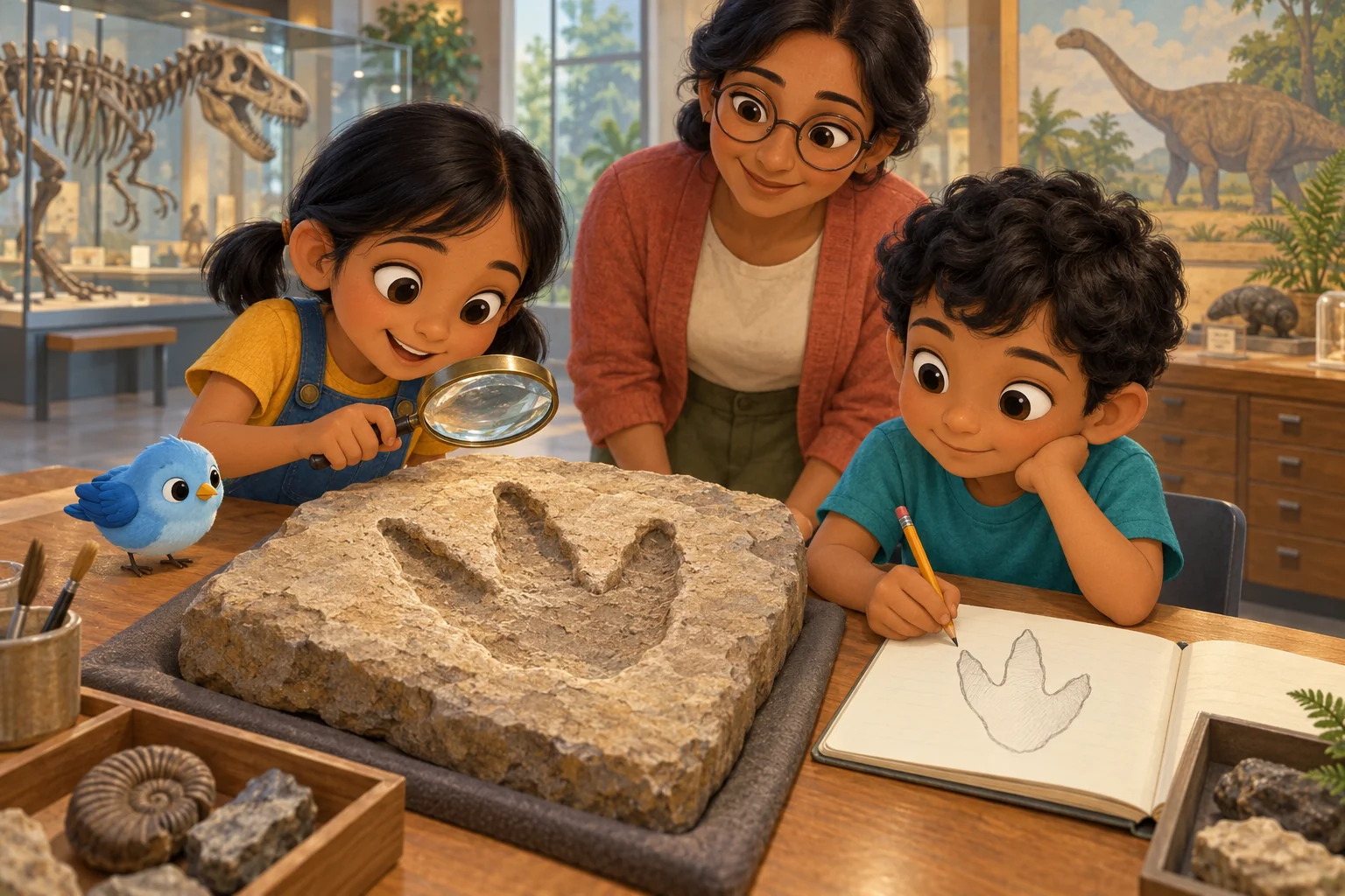 Tara examines the three-toed fossil footprint with a magnifying glass while Kabir sketches its shape and Meera looks on.