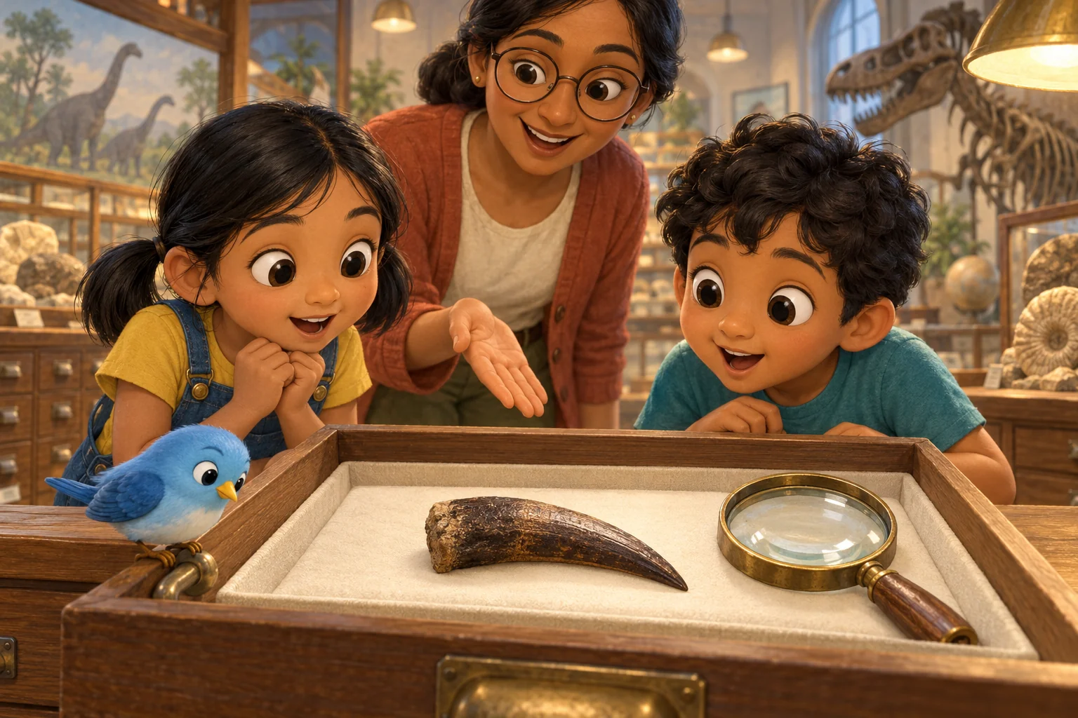 Meera shows the friends a curved fossil tooth resting in a padded museum drawer beside a magnifying glass.