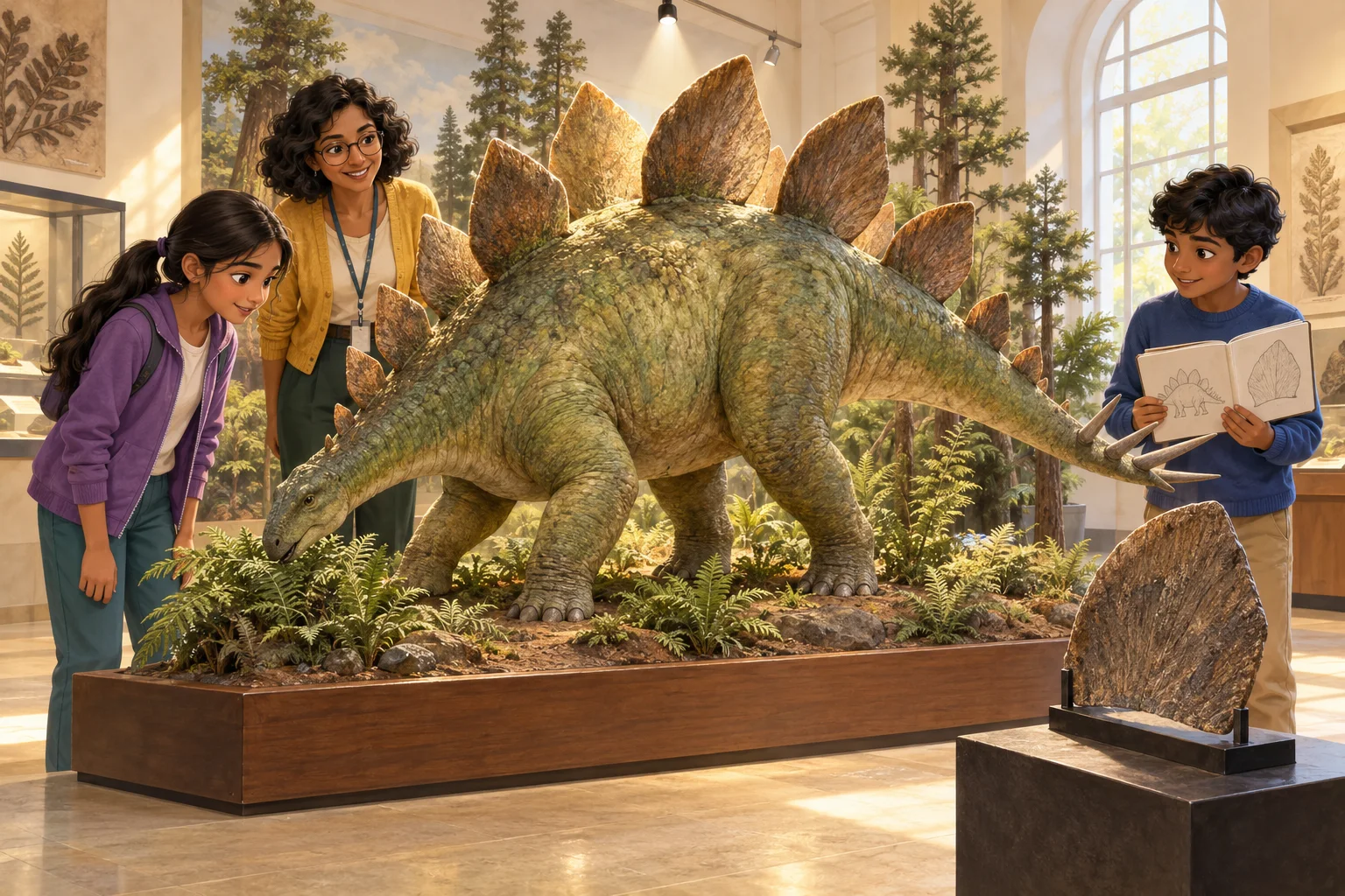 The children inspect a Stegosaurus museum model with back plates and a separate replica plate.