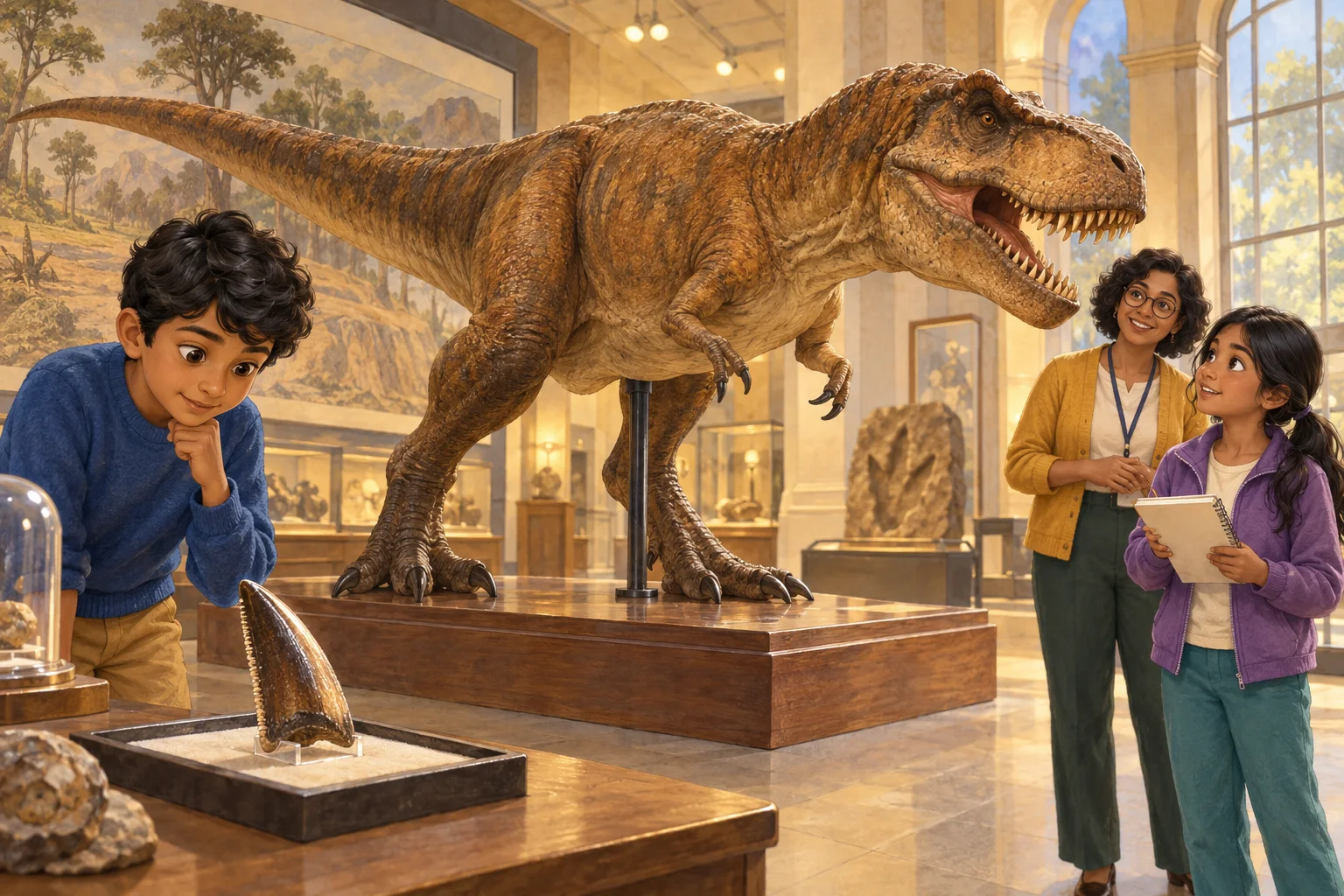 A T. rex museum model and a separate replica tooth help Mira and Dev compare fossil clues.