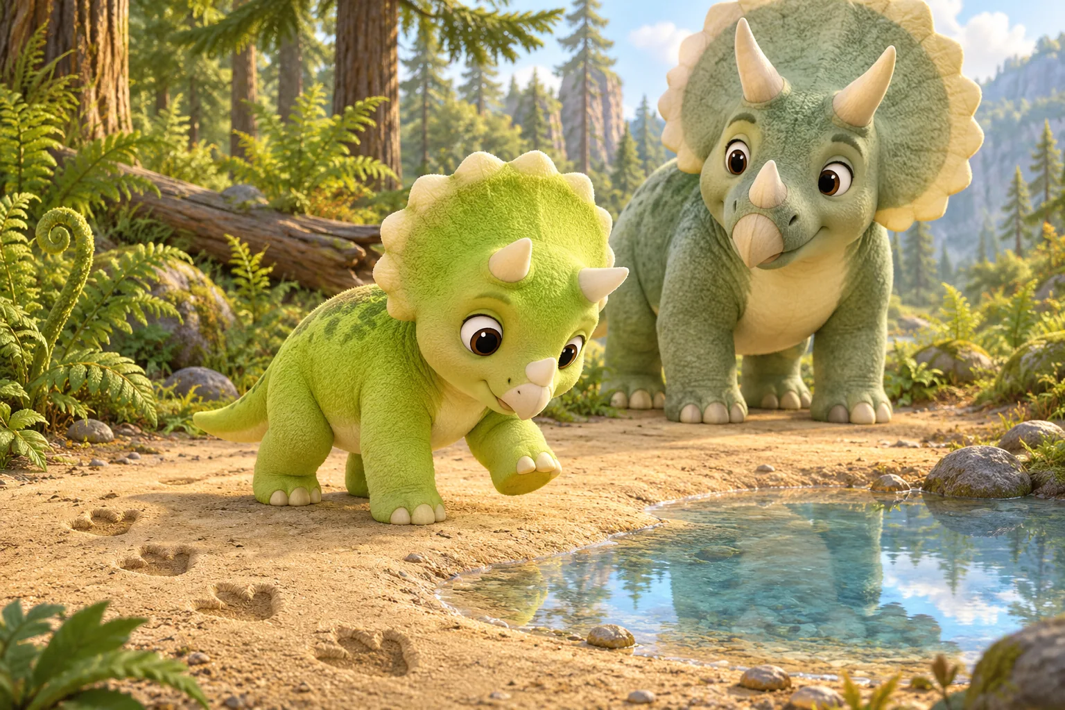 Tilly lifts one front foot above dry sand near the puddle; small footprints cross the foreground and Mum watches nearby.