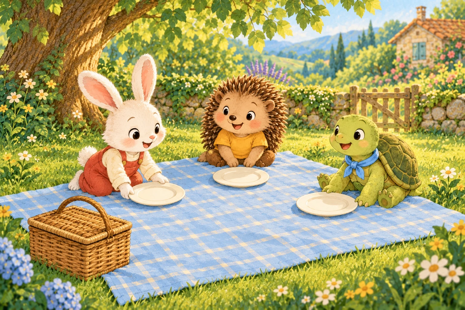 The three animal friends sit around exactly three cream plates, one plate in front of each friend; there are no cups yet.