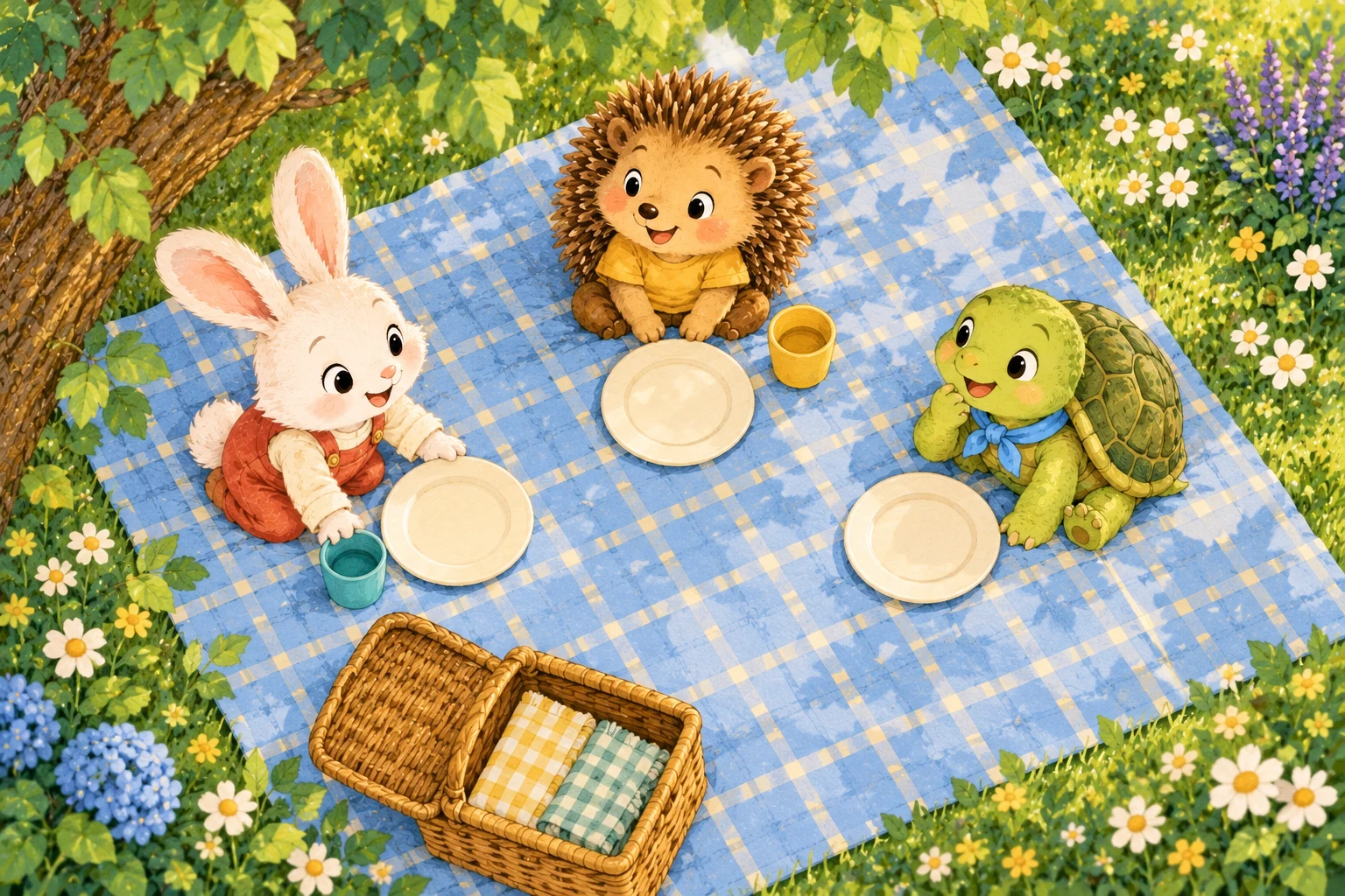Three friends have three plates, but only Mira and Nila have cups; Tiko’s place is missing a cup.