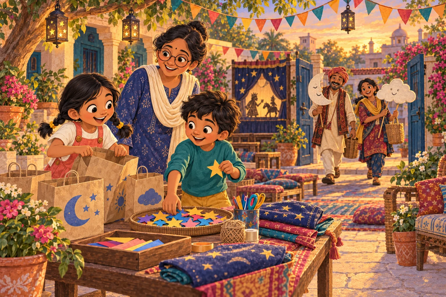 Two puppet makers arrive at the courtyard gate with moon and cloud puppets while Nila opens a bag and Arun prepares paper stars.