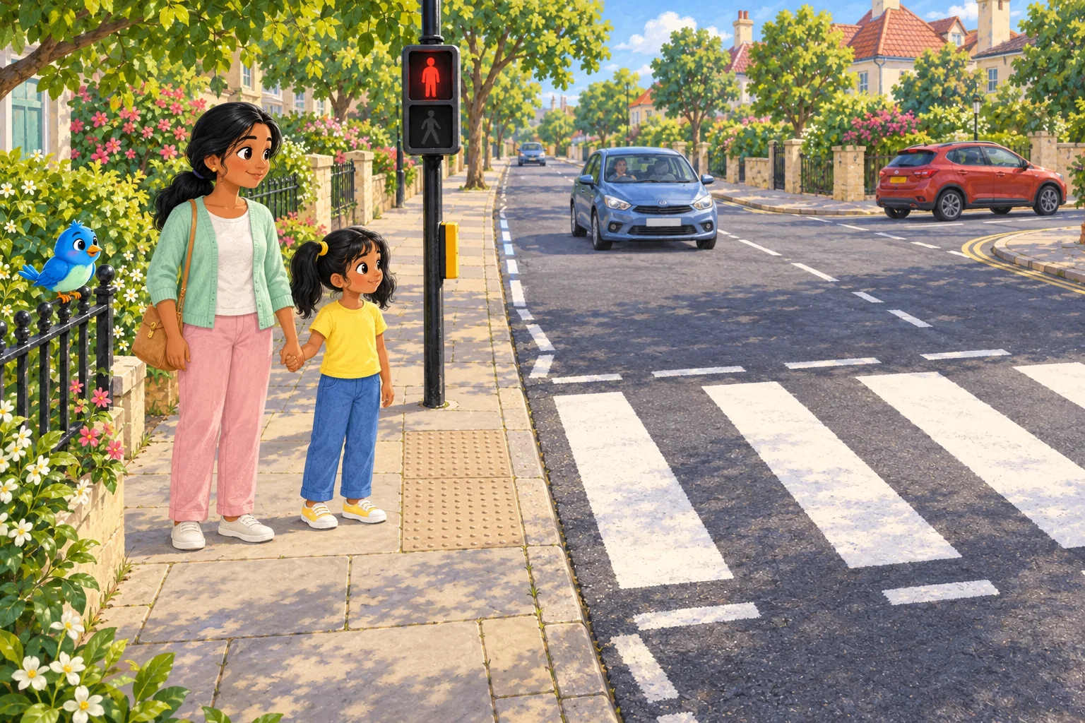 Tara and Mum hold hands and look along the road for traffic in both directions while Pip turns his head.