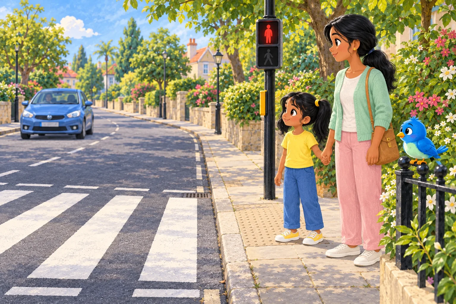 Tara and Mum stay back from the kerb, holding hands and listening for a car while continuing to watch the road.