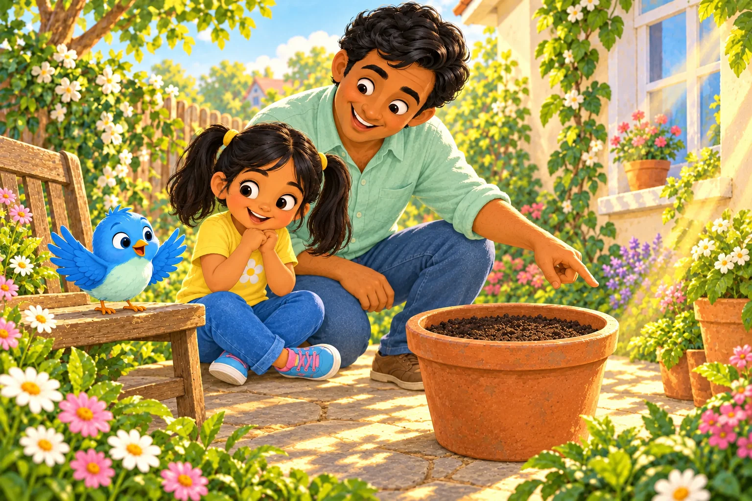 Dad chooses a bright spot for the sunflower pot as Tara watches and Pip spreads his wings in the sunlight.