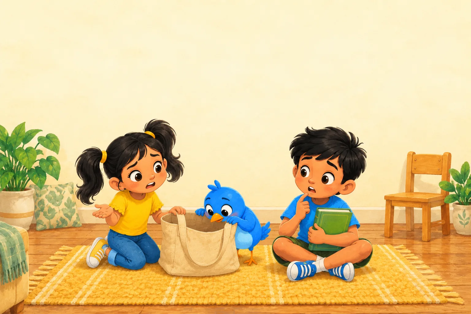 Tara searches for her red cup while Pip peeks into the picnic bag.