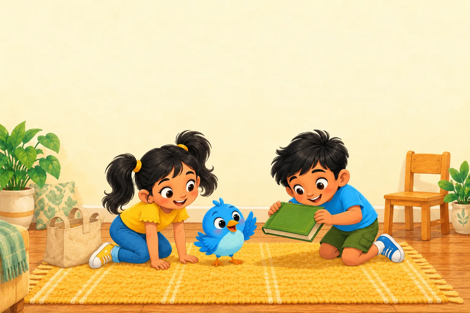 Kabir lifts his book to look underneath while Pip waves one blue wing.