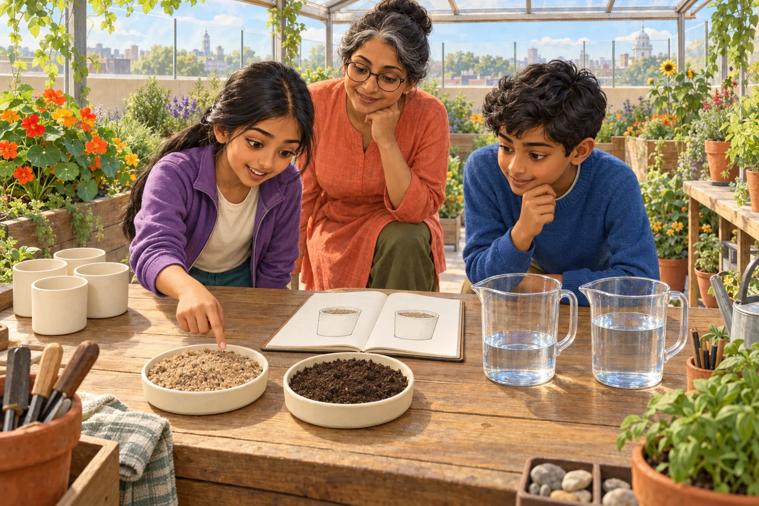 The friends examine different soil mixtures and unequal watering measures, discovering why their first comparison was unfair.