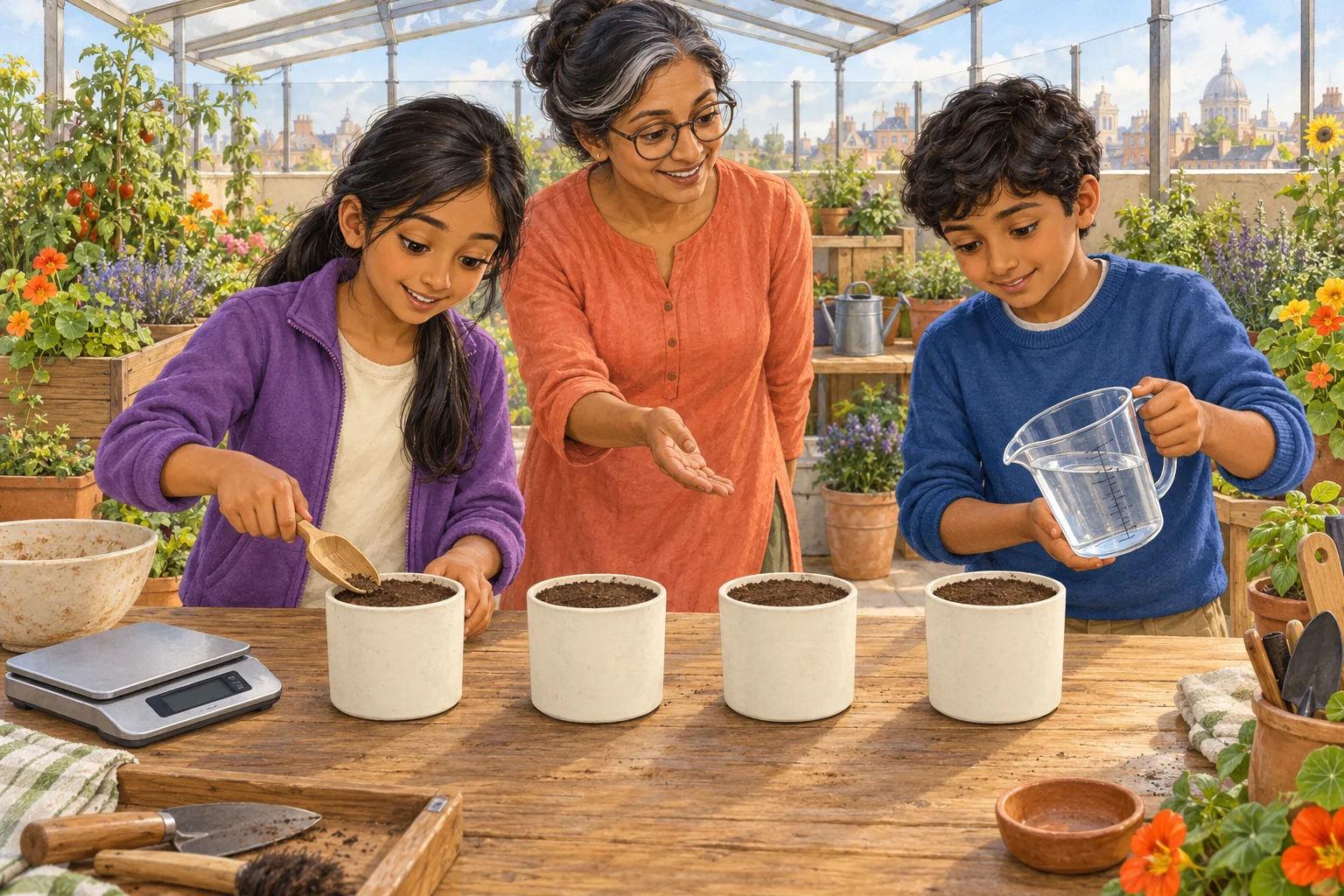 With Ms Sen supervising, Mira and Dev prepare four matching pots of soil and measure equal water for a controlled comparison.