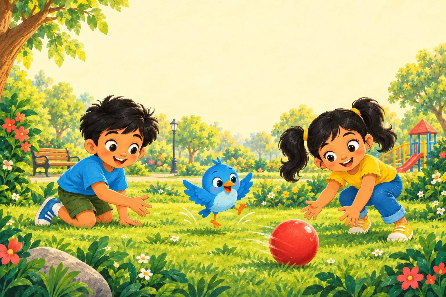 The red ball rolls past Tara as she laughs at Pip’s funny hop on the grass.