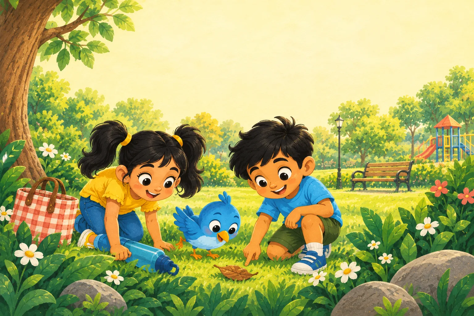 Tara and Kabir search beside a tree and picnic bag, finding a brown leaf and blue bottle.