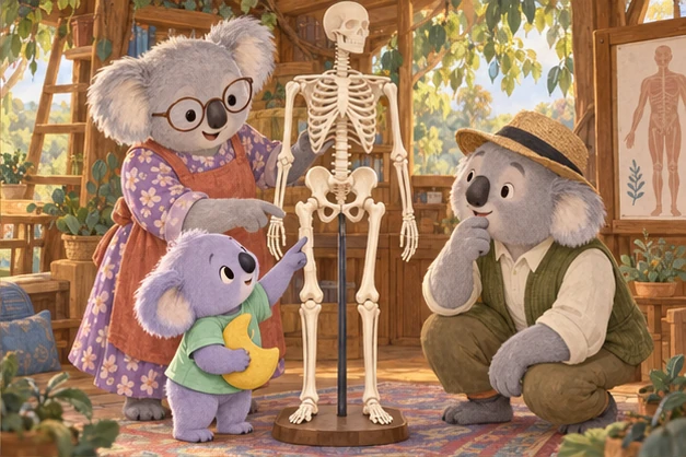 A friendly human skeleton teaching model highlights the skull, ribs and femur as the family matches bones with their jobs.