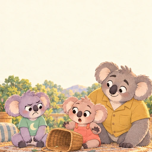 Zippy tips an empty basket while a frustrated Snoozo keeps his paws safely beside himself.
