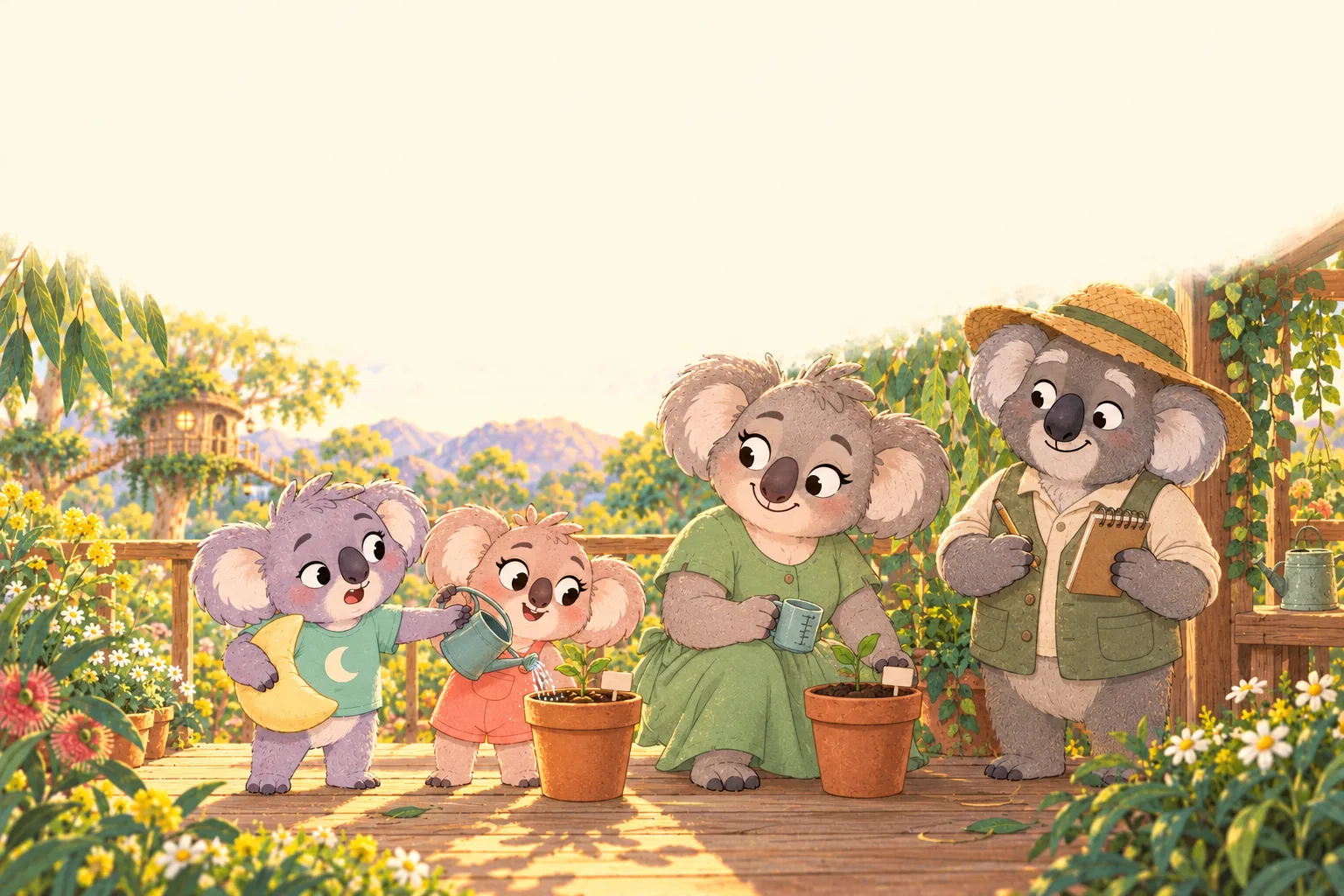 The family compares two similar bean seedlings in a bright spot and a shaded spot, with Mum measuring water.