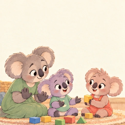 Mum Fern shows open, gentle paws while Snoozo asks Zippy for a turn with the blocks.