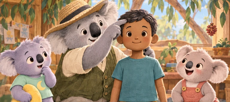 Grandpa points to the human puppet’s head while the family explores the eyes and ears on its face.