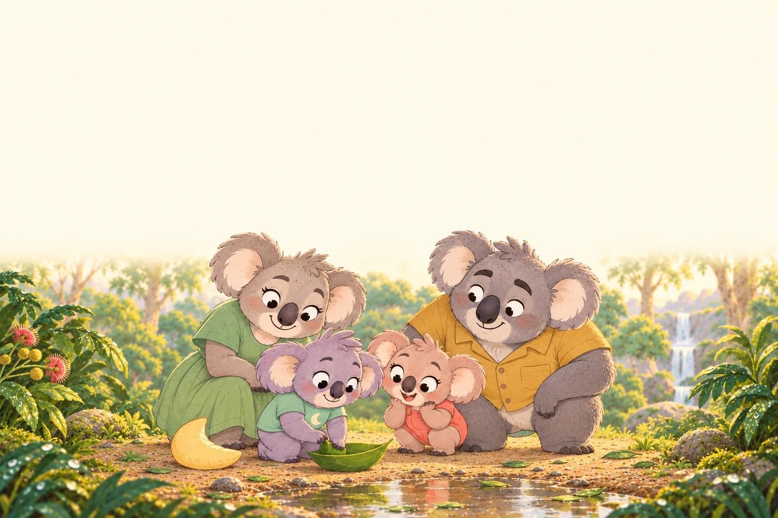 Snoozo puts a tiny rolled-leaf pillow in a broad leaf boat while Zippy watches.