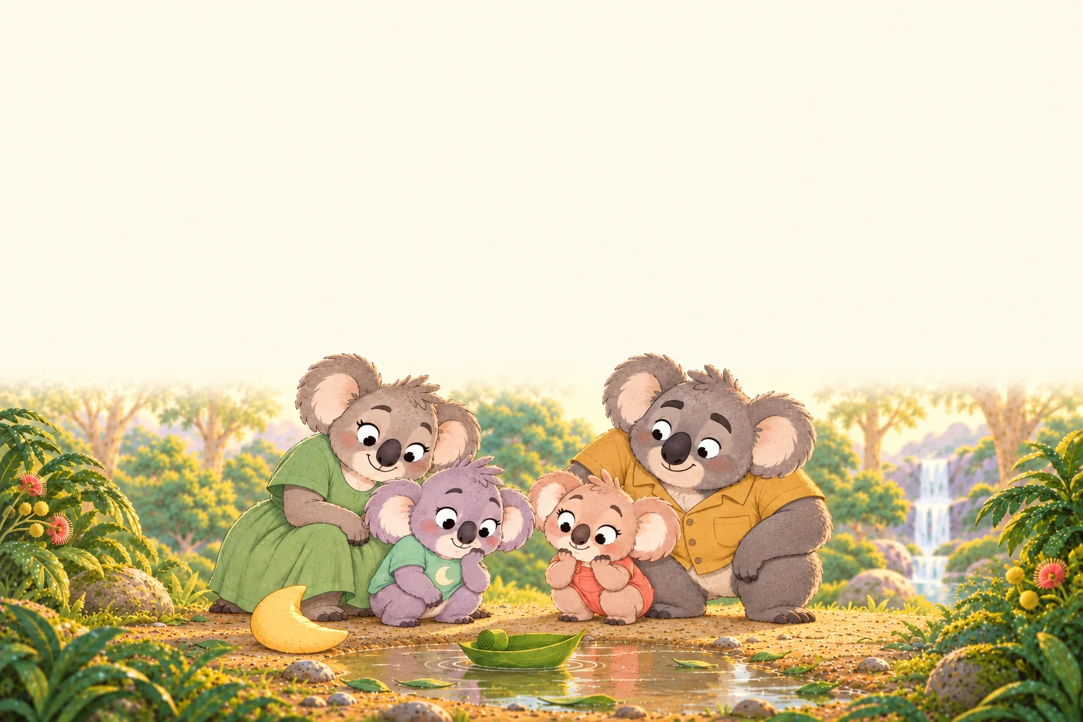 The little leaf boat floats still on the puddle as the koala children watch from dry ground.