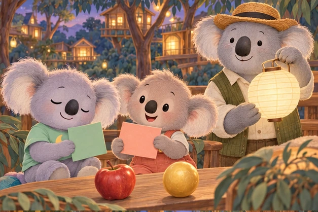 Snoozo and Zippy hold green and coral cards beside an apple and golden ball while Grandpa holds a glowing paper lantern.