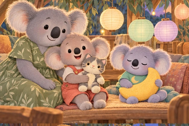 Mum sits beside Zippy, who holds a friendly cat puppet, while Snoozo hugs his moon cushion beneath colourful paper lanterns.
