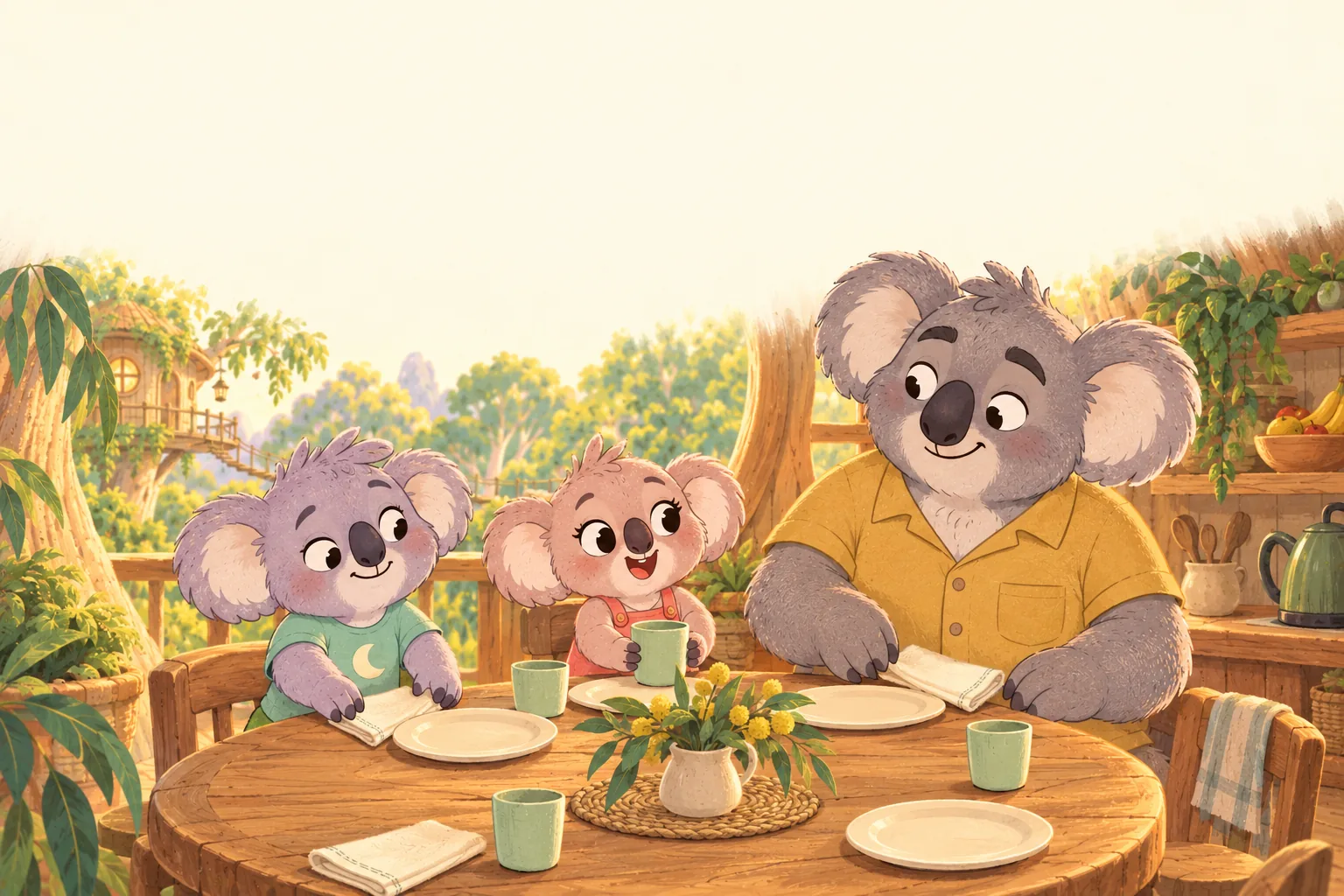 The children help Dad set the table while they wait.