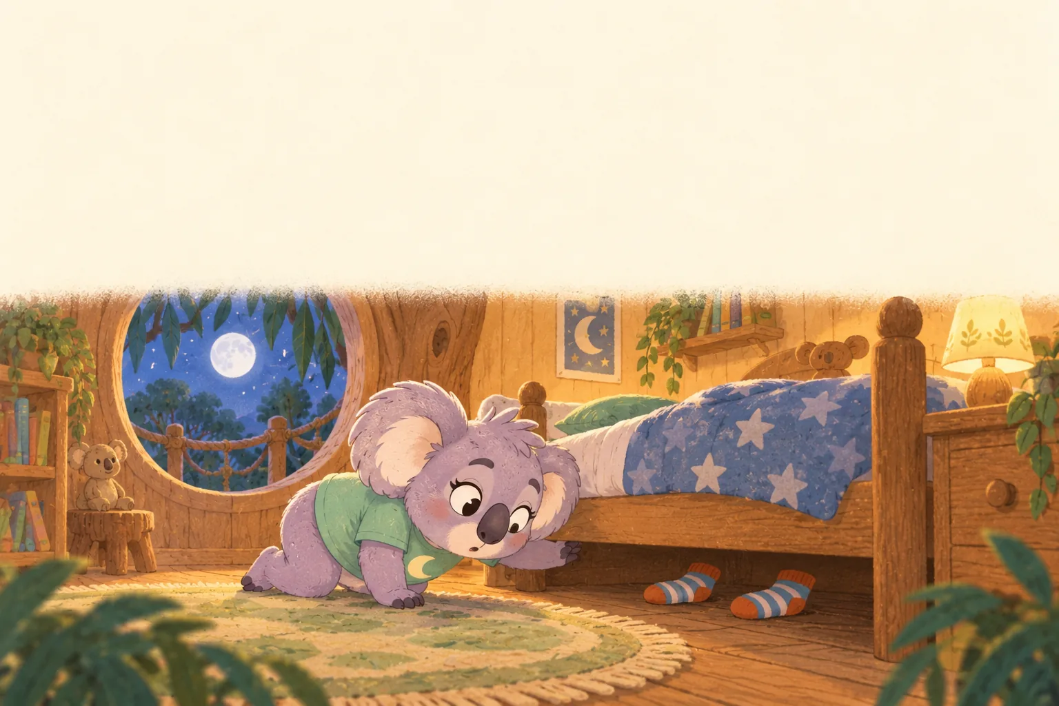 Snoozo and Zippy peek underneath the bed and find socks.