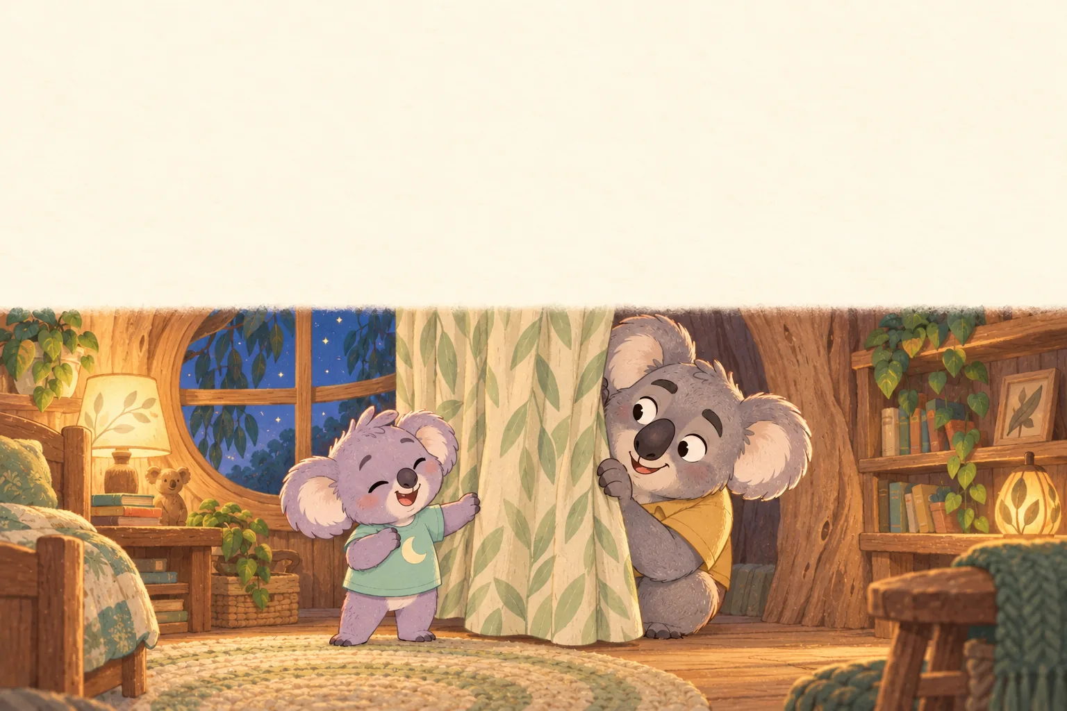 The children look behind a curtain and discover Dad Moss playing peekaboo.