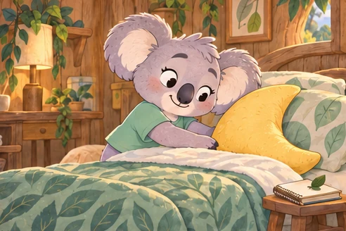 Snoozo straightens the blanket and sets his crescent cushion neatly beside the pillows.