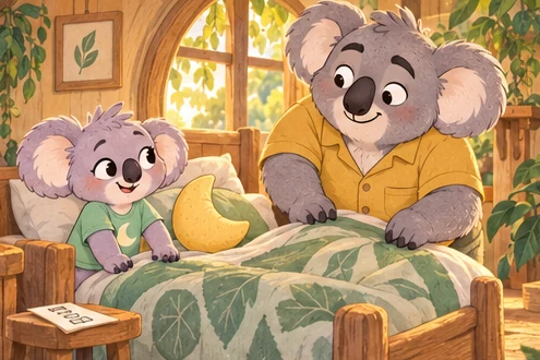 Dad and Snoozo straighten the bed together and arrange the yellow crescent cushion.