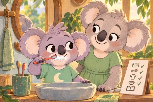 Snoozo brushes his teeth beside Mum, with his picture path safely away from the basin.