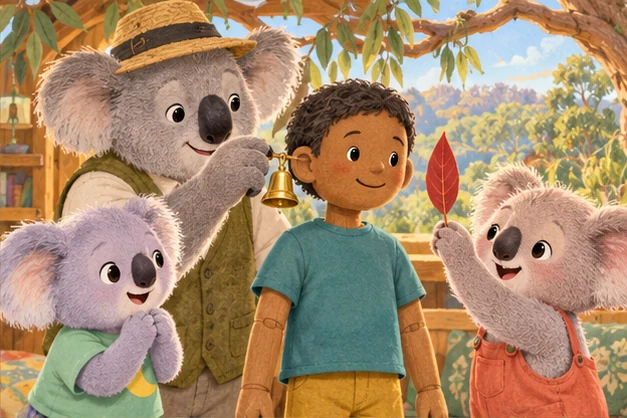 The koala family compares seeing a red leaf with hearing a gentle bell using eyes and ears on the human model.