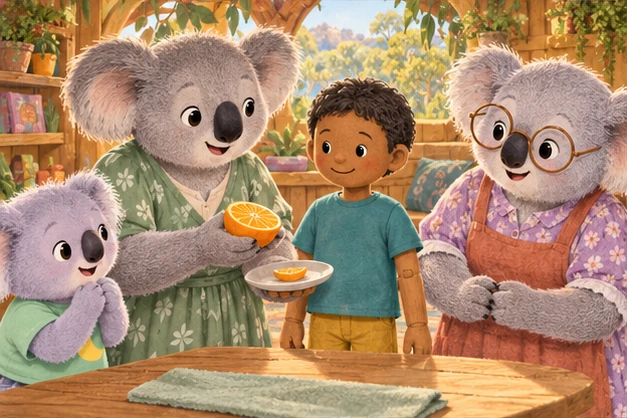 Mum holds a cut orange beside Sunny the human puppet, with Grandma and Snoozo looking on.