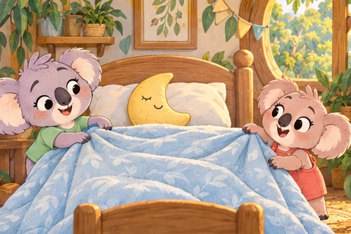 Snoozo and Zippy spread the blue blanket across their bed, with the crescent cushion by the pillows.