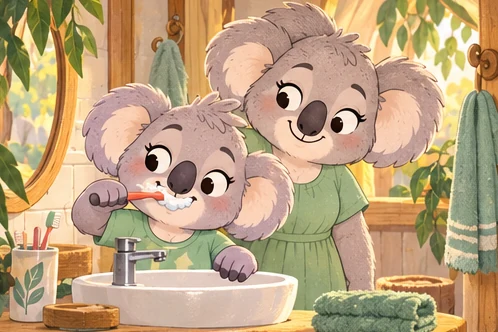 Snoozo brushes his teeth at a low basin while Mum watches with a warm smile.