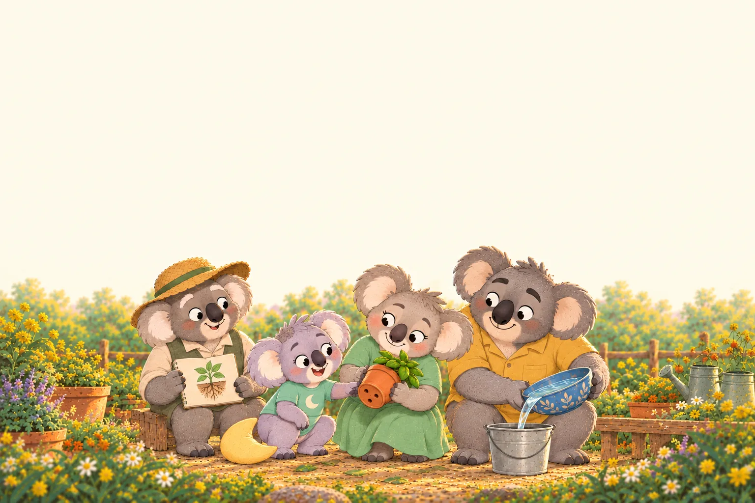Mum shows Snoozo the drainage holes while Dad empties the blue bowl and Grandpa shows a drawing of hidden roots.