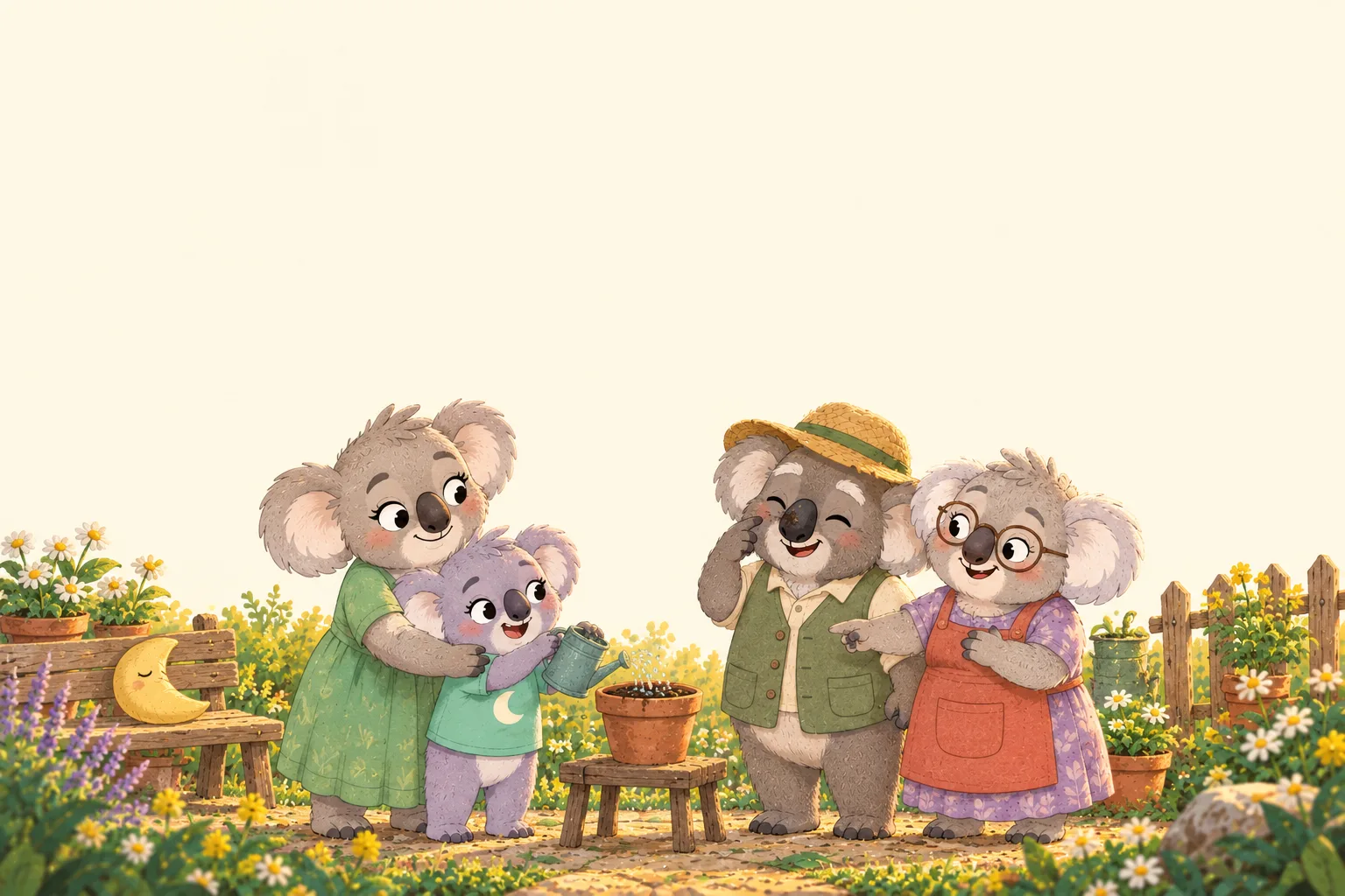 Mum Fern helps Snoozo sprinkle the soil gently as Grandpa laughs at a muddy spot on his nose and Grandma points to a bright place.
