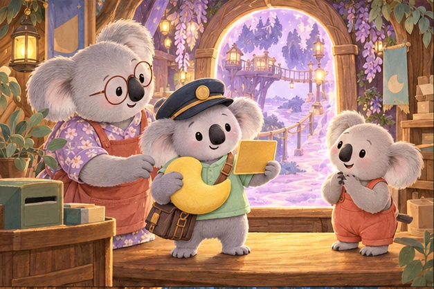 Grandma helps Snoozo prepare for delivery with a golden card, cap and satchel while Zippy watches beside a violet portal showing a lantern-lit bridge.