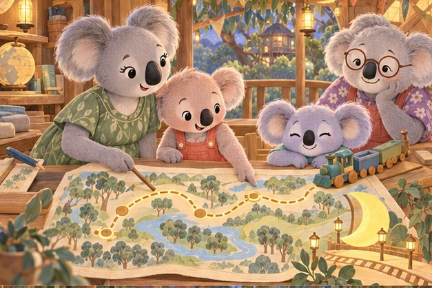 Mum and Zippy point to a dotted route on a large illustrated map while Snoozo and Grandma watch beside the toy train.