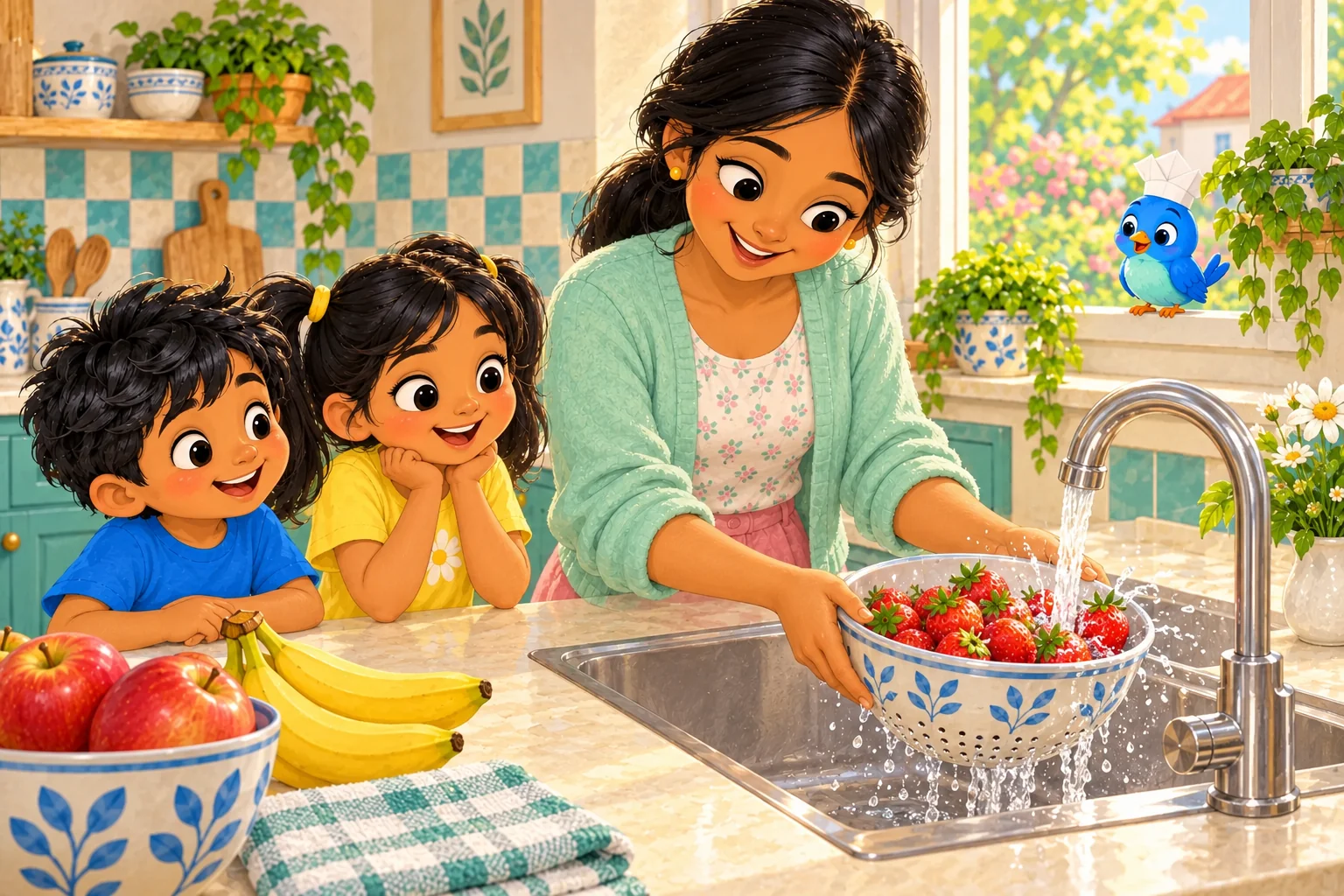Mum rinses fruit under clean running water while Tara and Kabir watch and Pip sits on a separate windowsill.