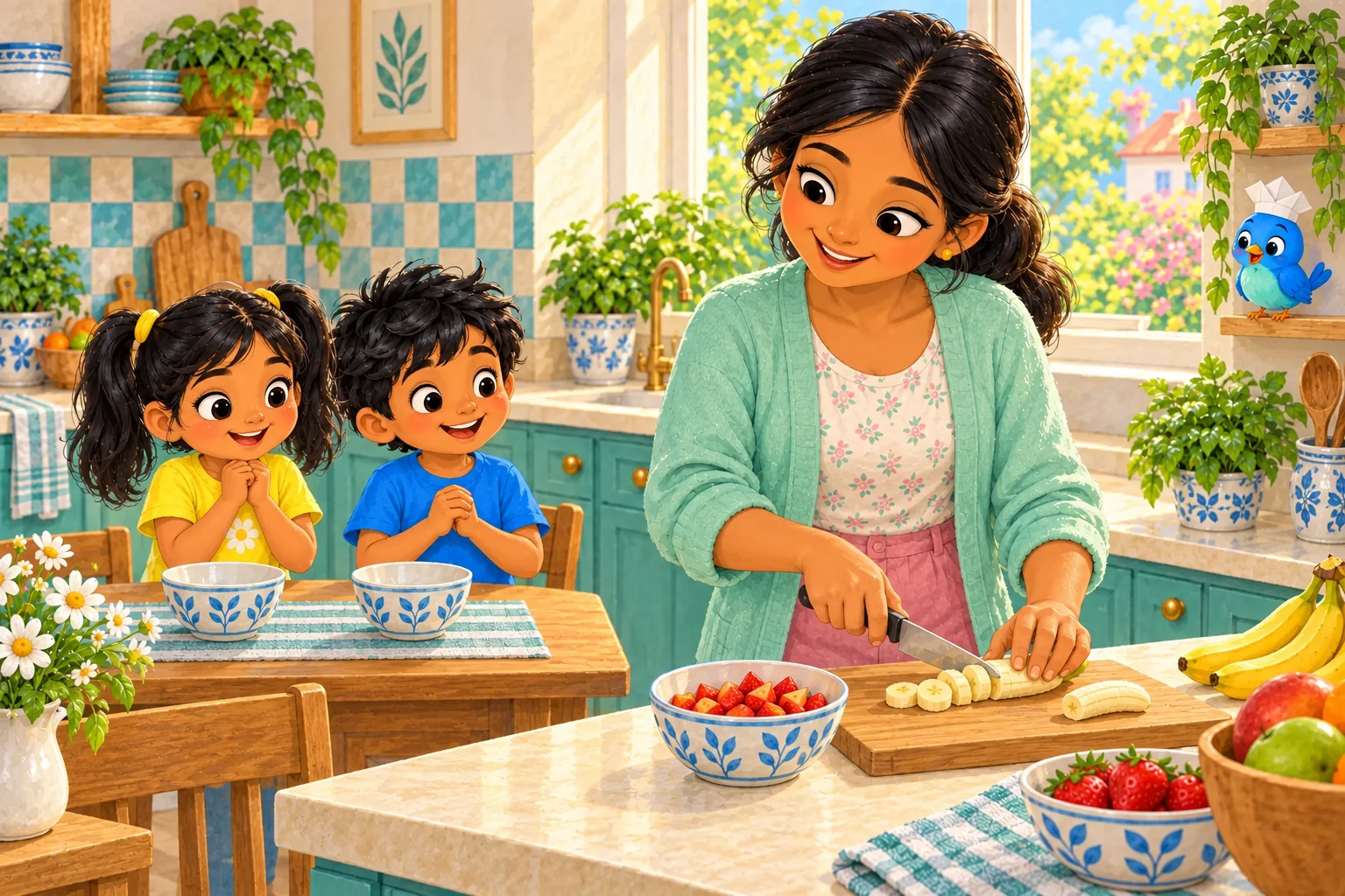 Mum prepares small fruit pieces while Tara and Kabir wait away from the knife, with two clean bowls ready.