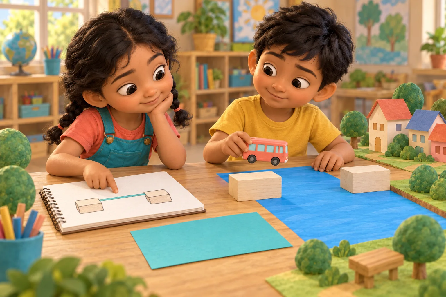 Anaya points to a wordless bridge plan in their notebook while Kabir holds their bus beside the two blocks.