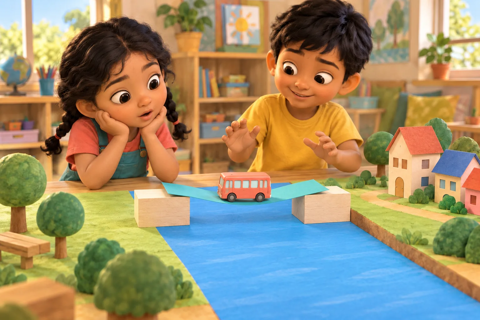 Their flat turquoise paper bridge sags in the middle under the small toy bus, while both ends remain on the wooden blocks.