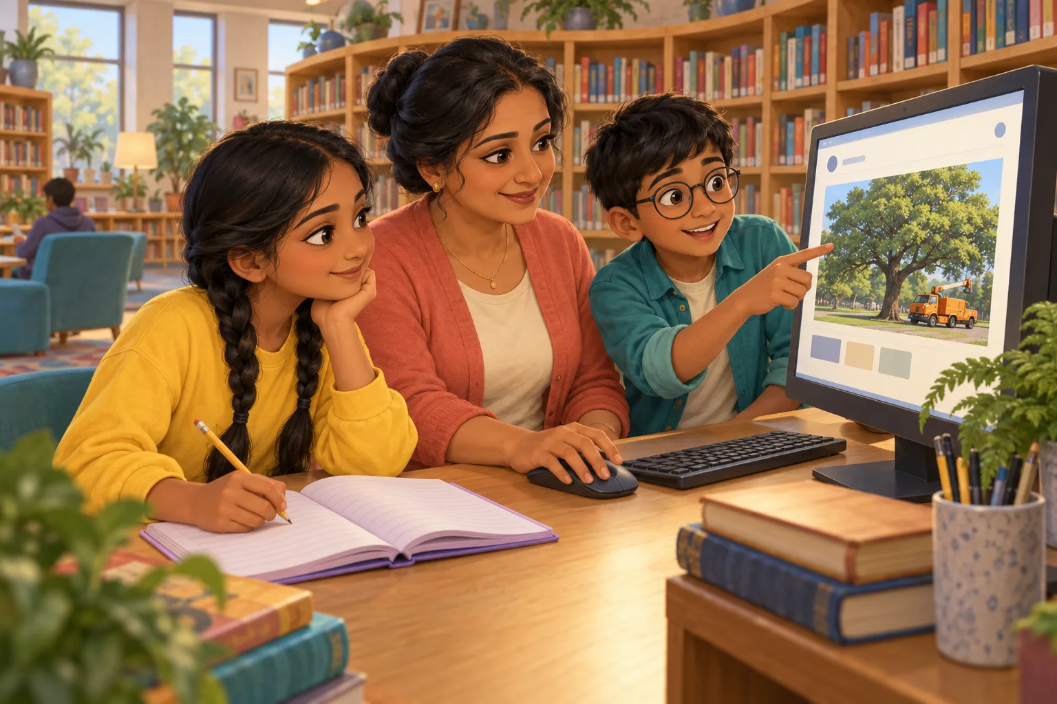 Aunt Meena helps the children find the original tree photograph in a library computer archive, with a notebook ready for their findings.
