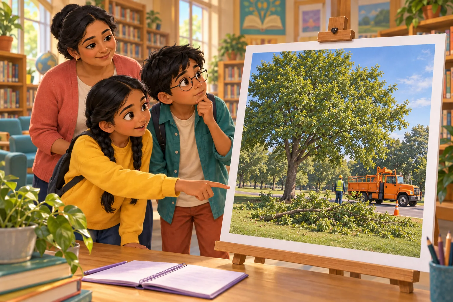 The children examine a large printed photograph showing the whole standing tree and a fallen branch outside the earlier crop.